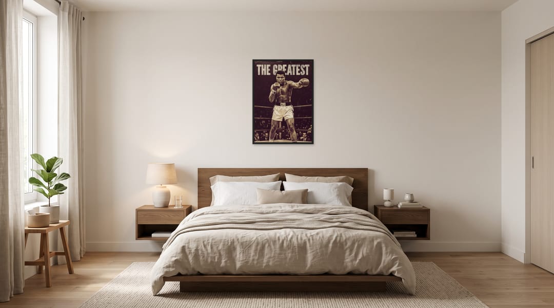 The Greatest, framed in black, in a minimalist warm bedroom