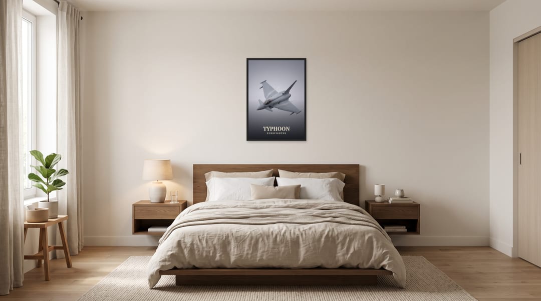 Eurofighter Typhoon, framed in black, in a minimalist warm bedroom
