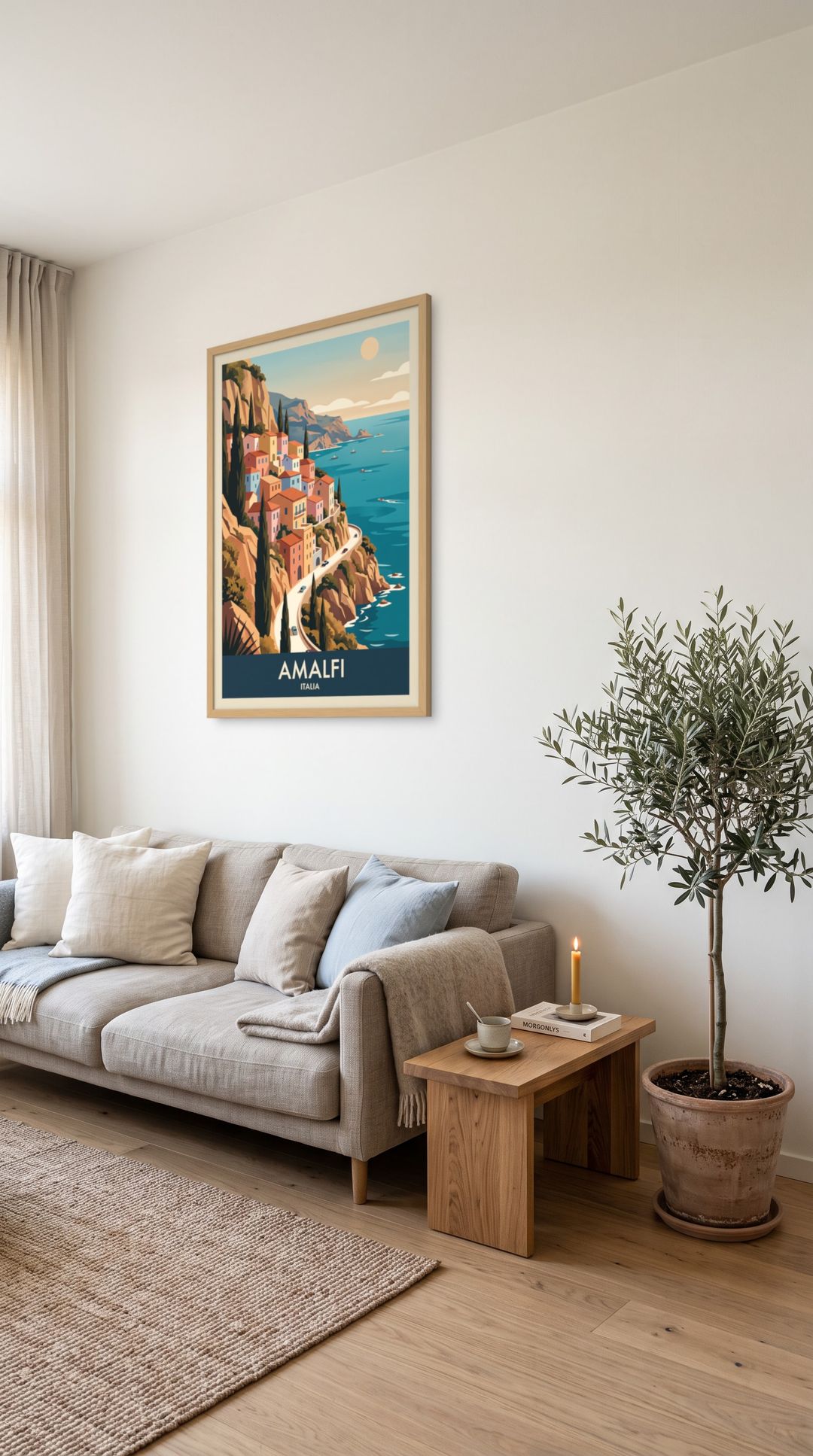 Amalfi, framed in natural wood, in a minimalist scandinavian living room
