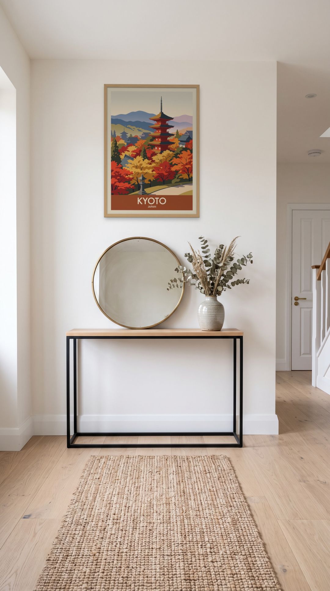 Kyoto, framed in natural wood, in a minimalist entryway with wooden console