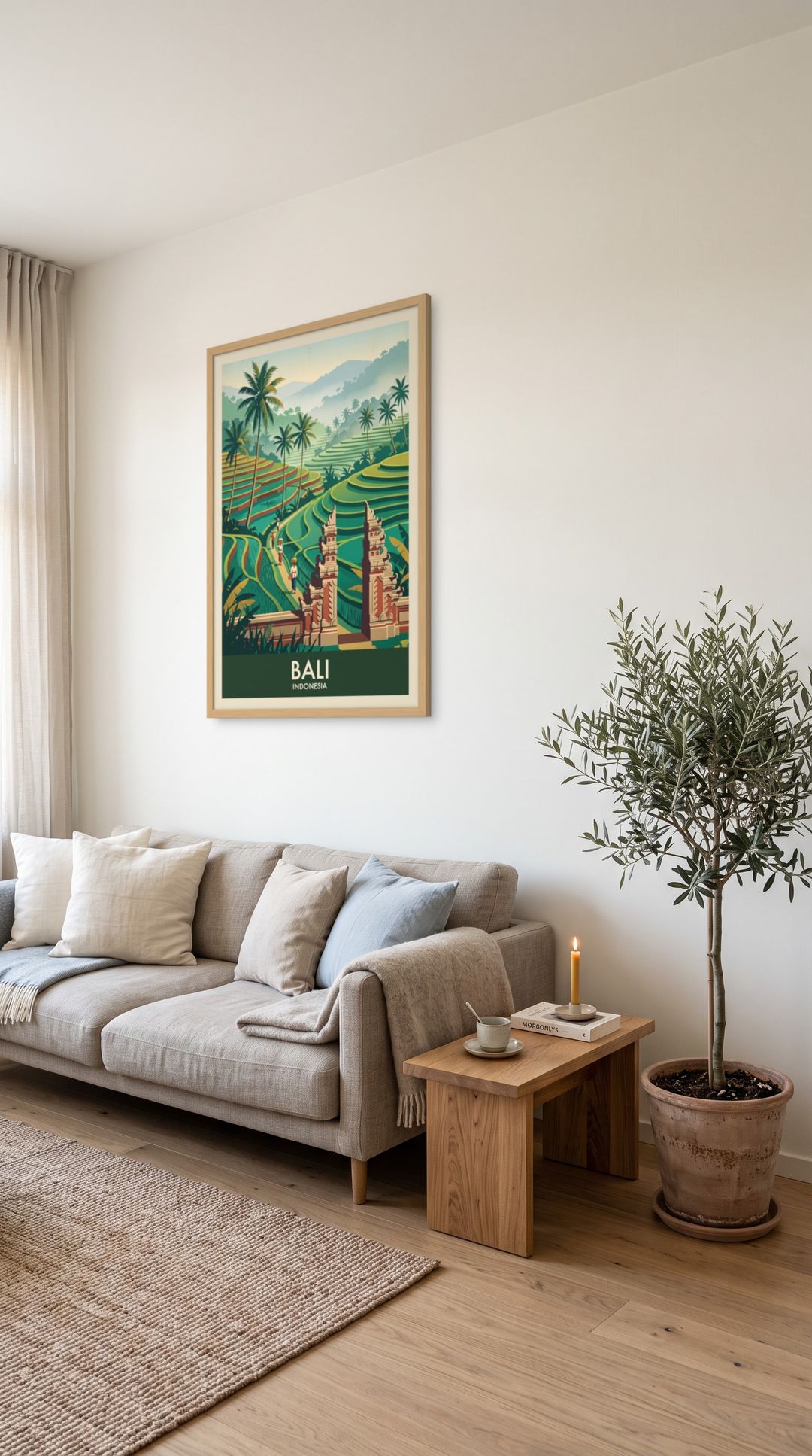 Bali, framed in natural wood, in a minimalist scandinavian living room