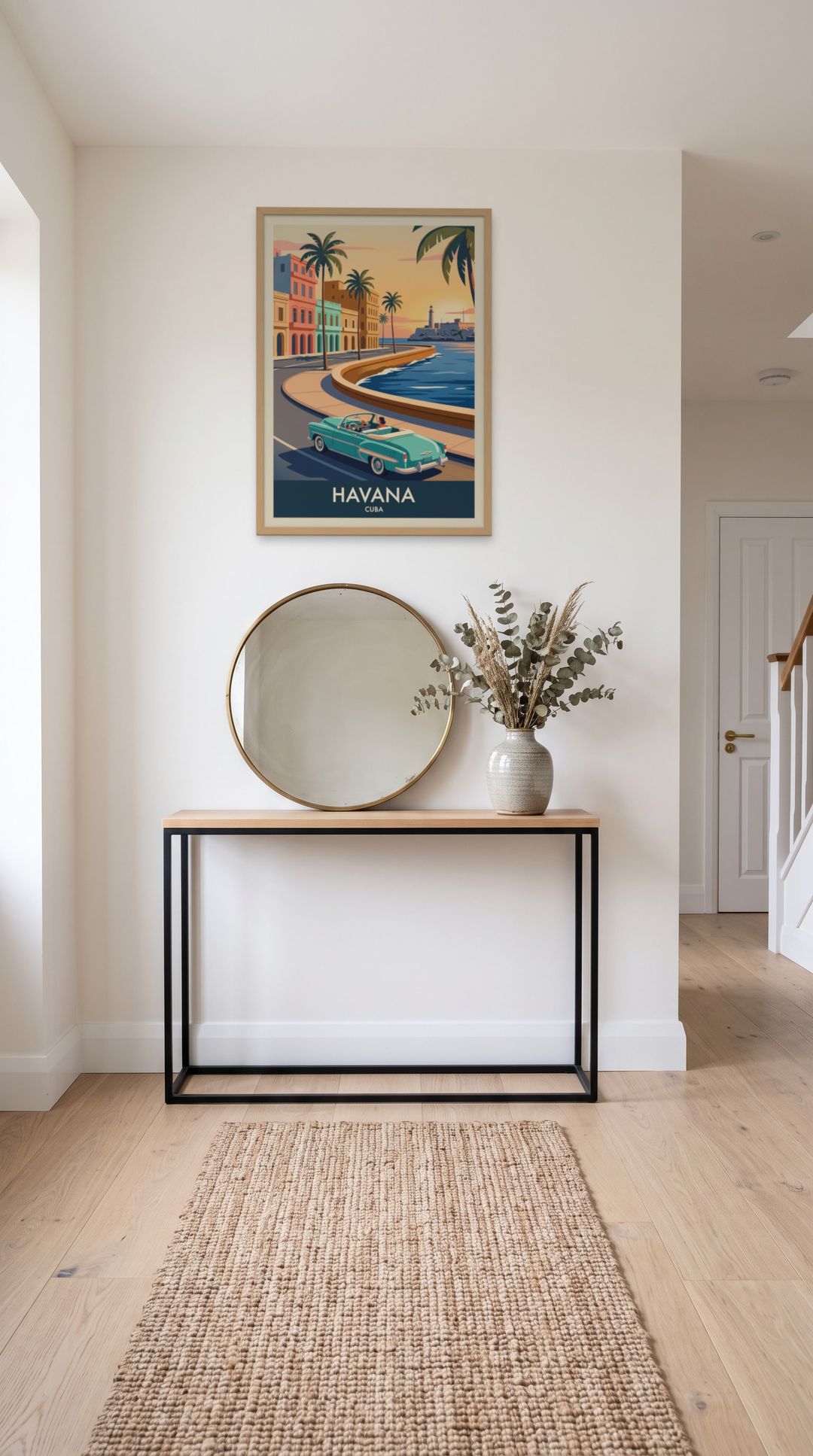 Havana, framed in natural wood, in a minimalist entryway with wooden console