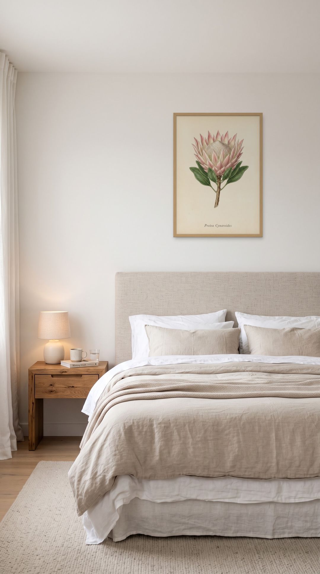 King Protea, framed in natural wood, in a serene minimalist bedroom