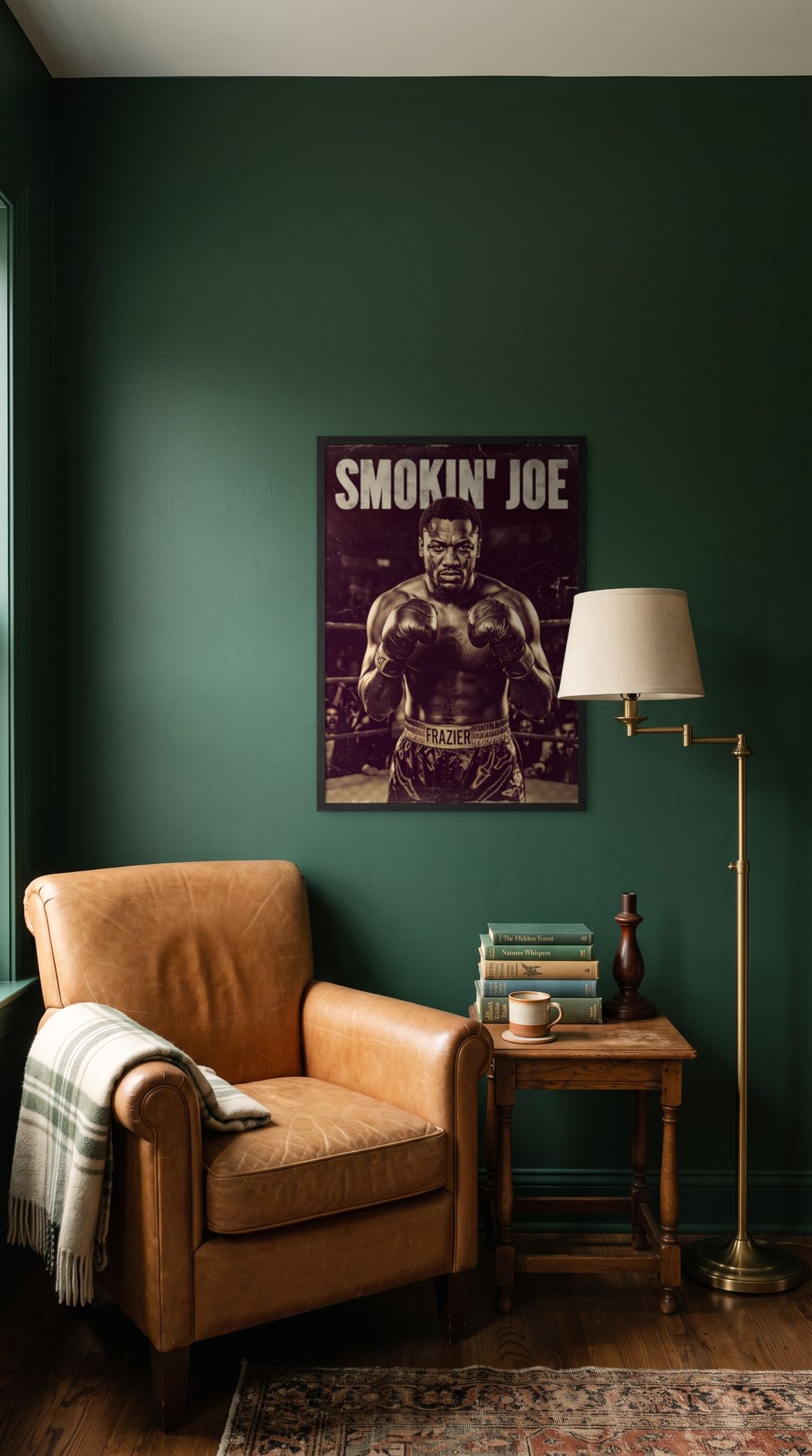 Smokin' Joe, framed in black, in a cozy dark green reading corner