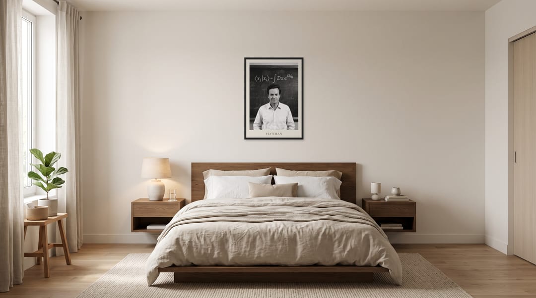 Richard Feynman, framed in black, in a minimalist warm bedroom