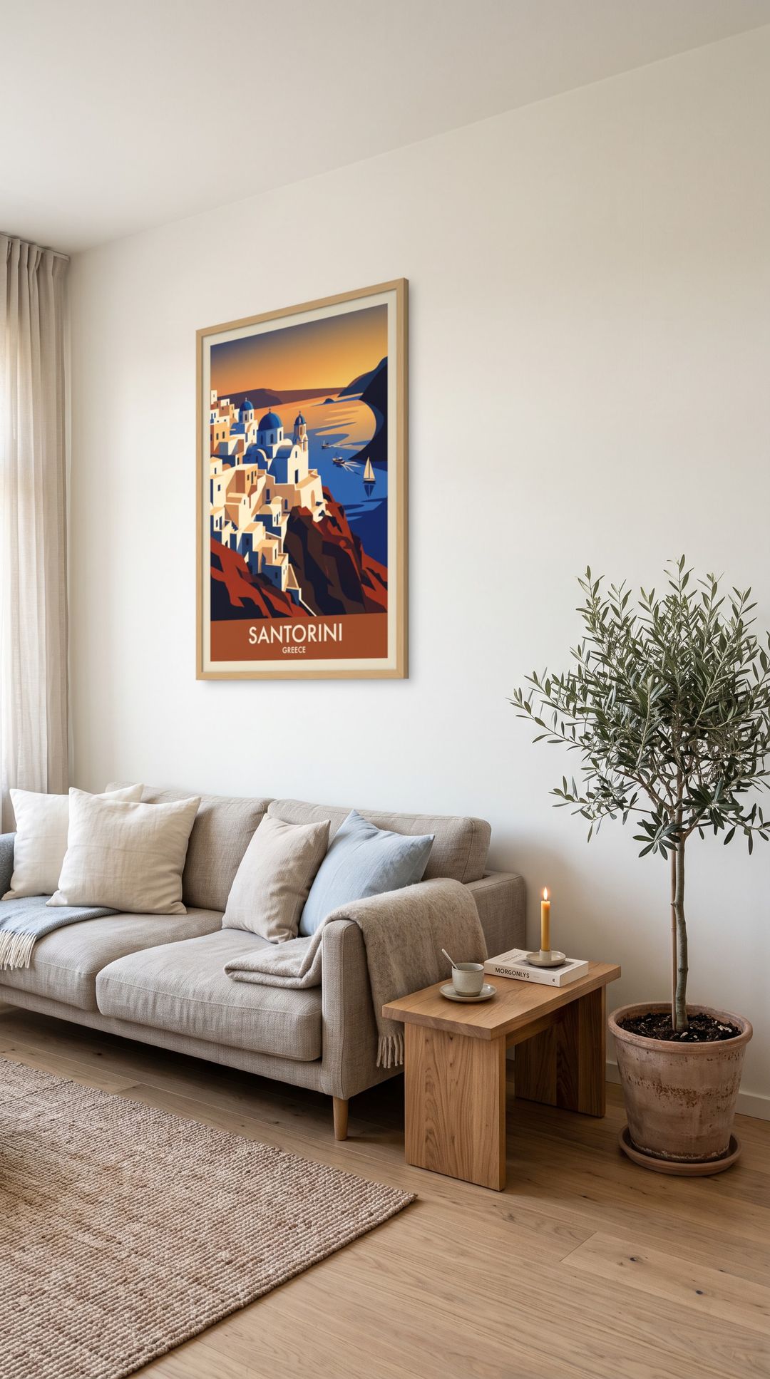 Santorini, framed in natural wood, in a minimalist scandinavian living room