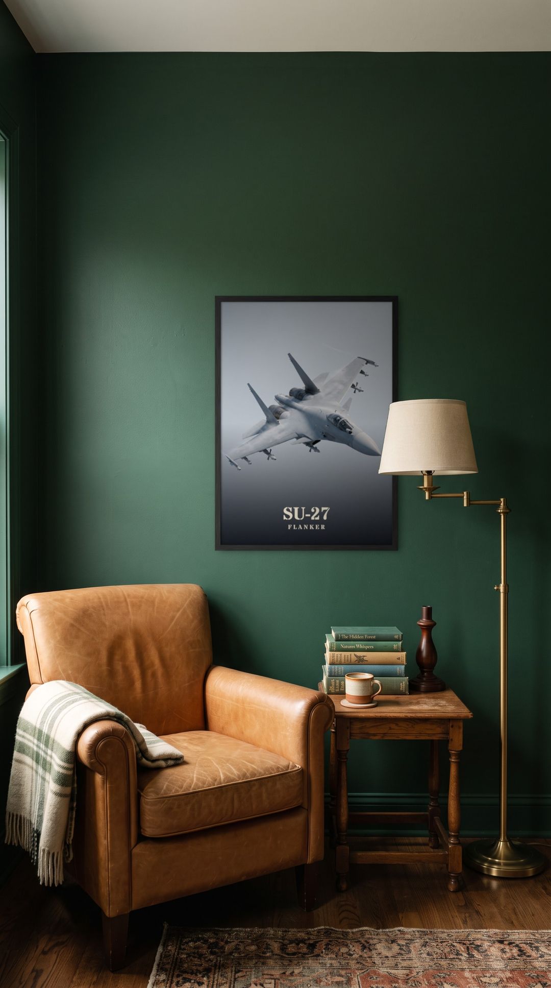 Su-27 Flanker, framed in black, in a cozy dark green reading corner