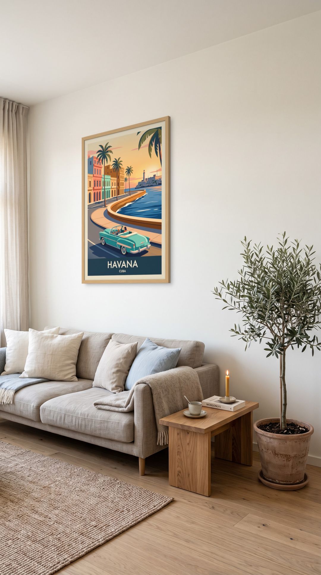 Havana, framed in natural wood, in a minimalist scandinavian living room