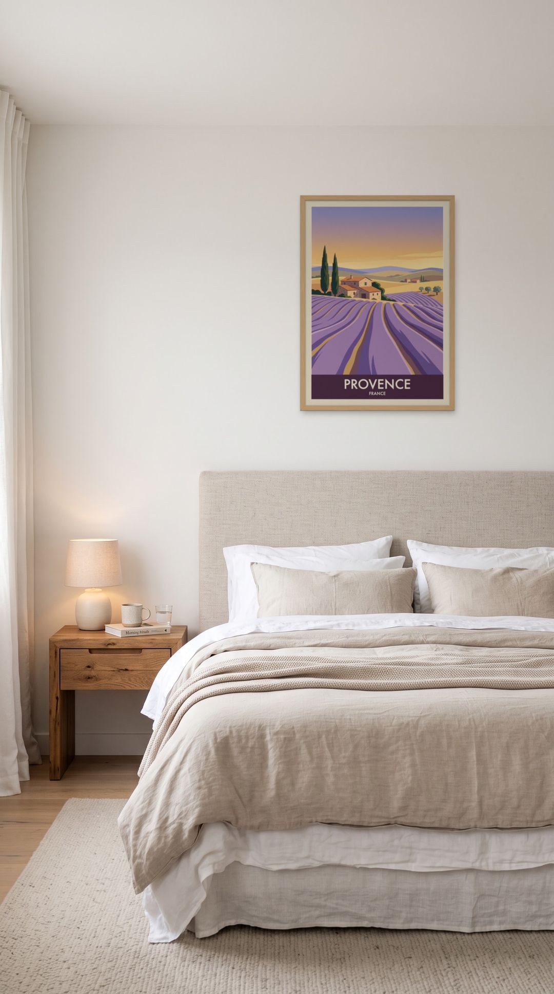 Provence, framed in natural wood, in a serene minimalist bedroom