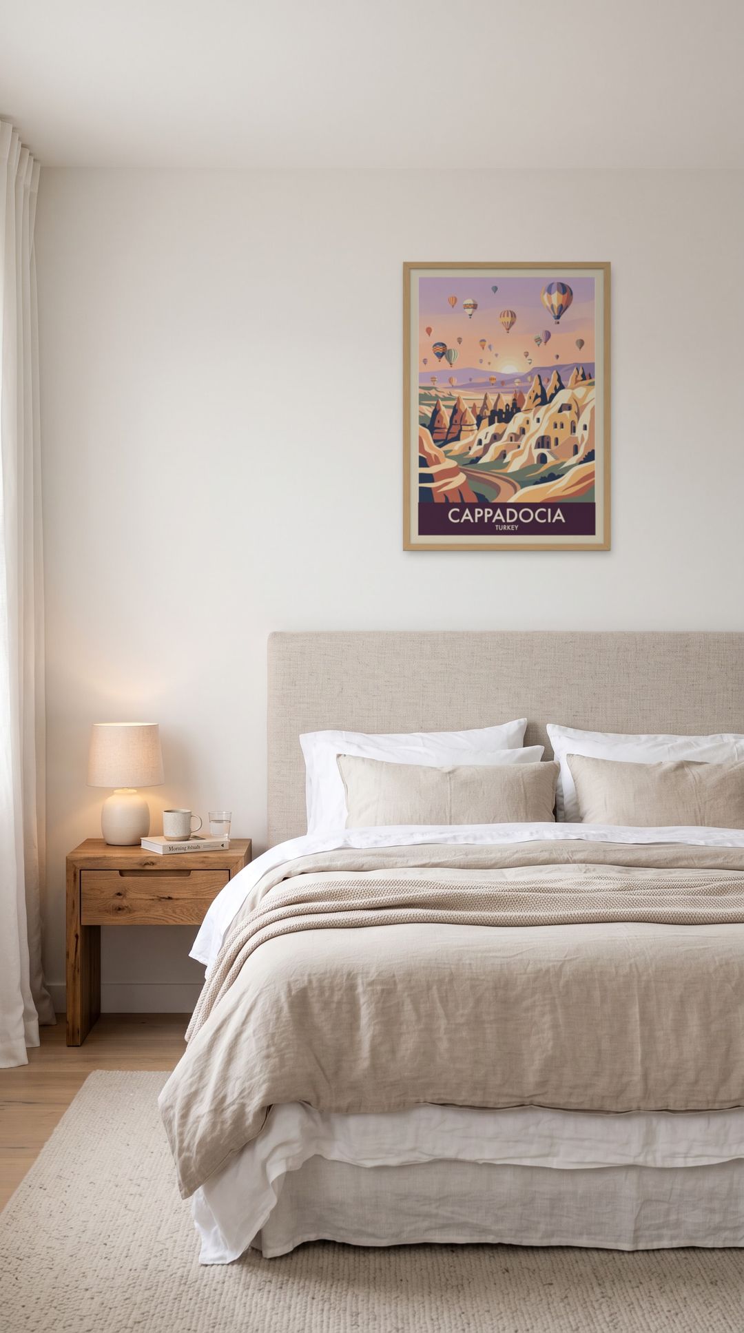 Cappadocia, framed in natural wood, in a serene minimalist bedroom