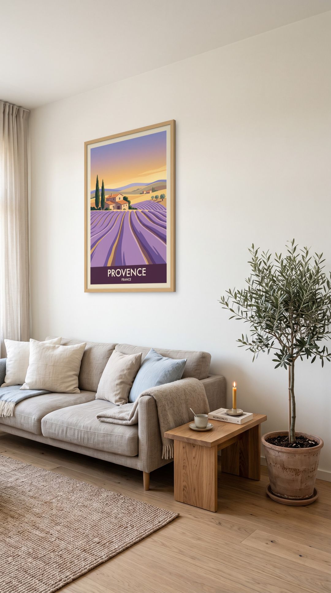 Provence, framed in natural wood, in a minimalist scandinavian living room
