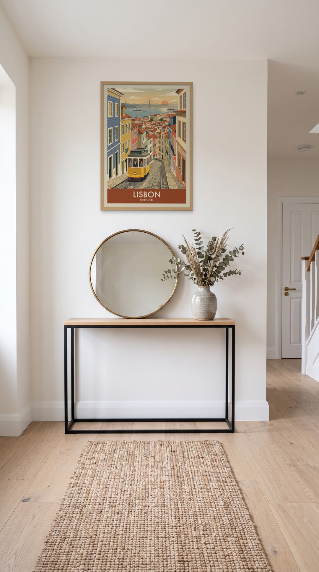 Lisbon, framed in natural wood, in a minimalist entryway with wooden console