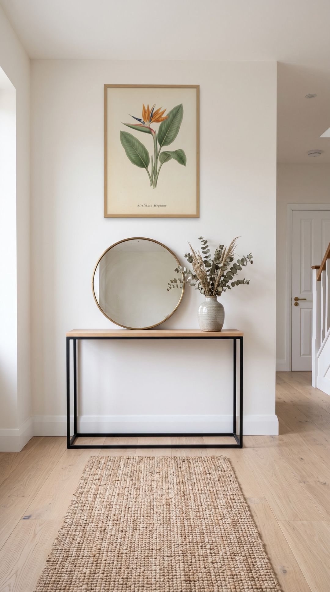 Bird of Paradise, framed in natural wood, in a minimalist entryway with wooden console