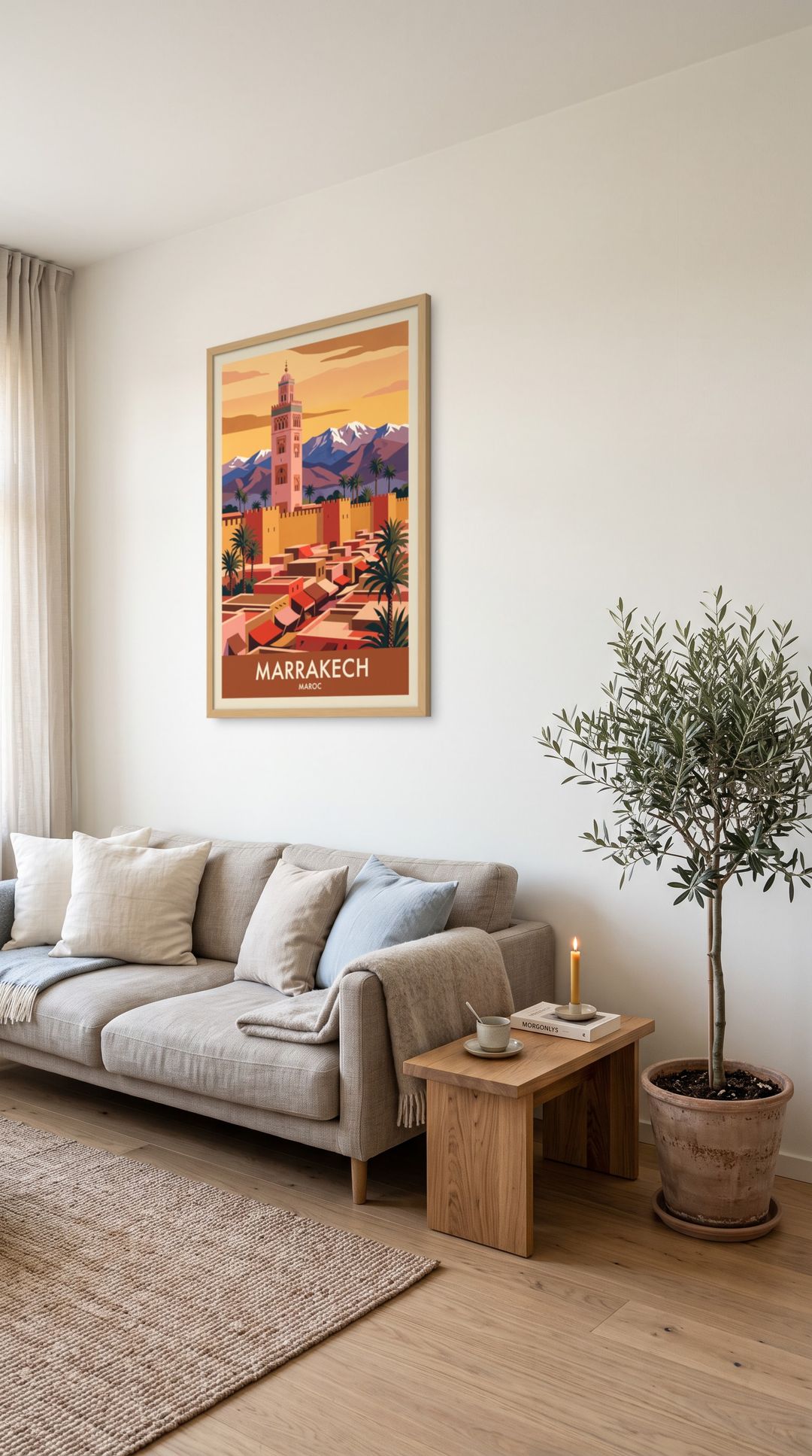 Marrakech, framed in natural wood, in a minimalist scandinavian living room