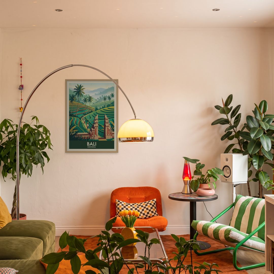 Bali, framed in natural wood, in an eclectic mid-century living room