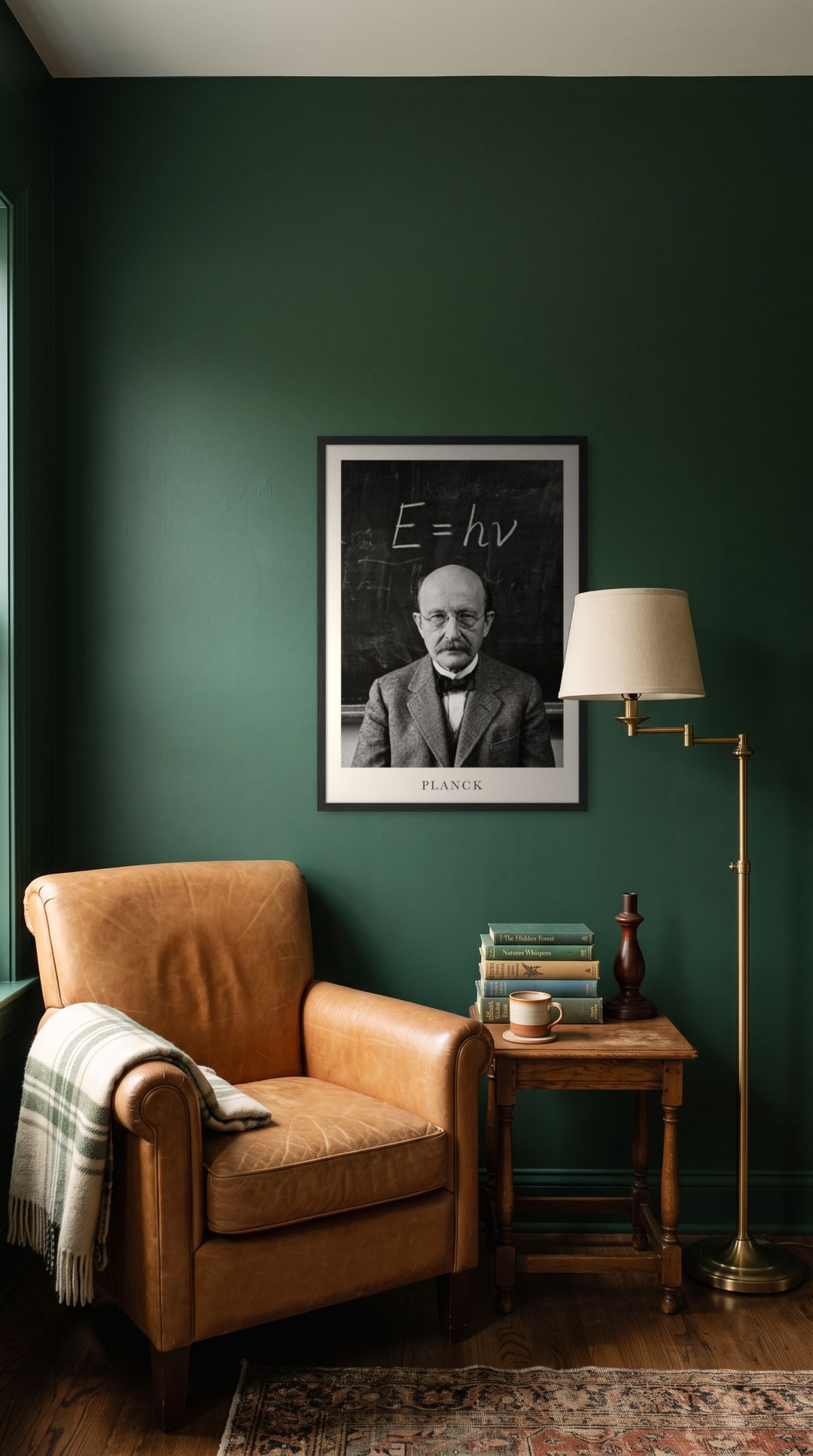 Max Planck, framed in black, in a cozy dark green reading corner