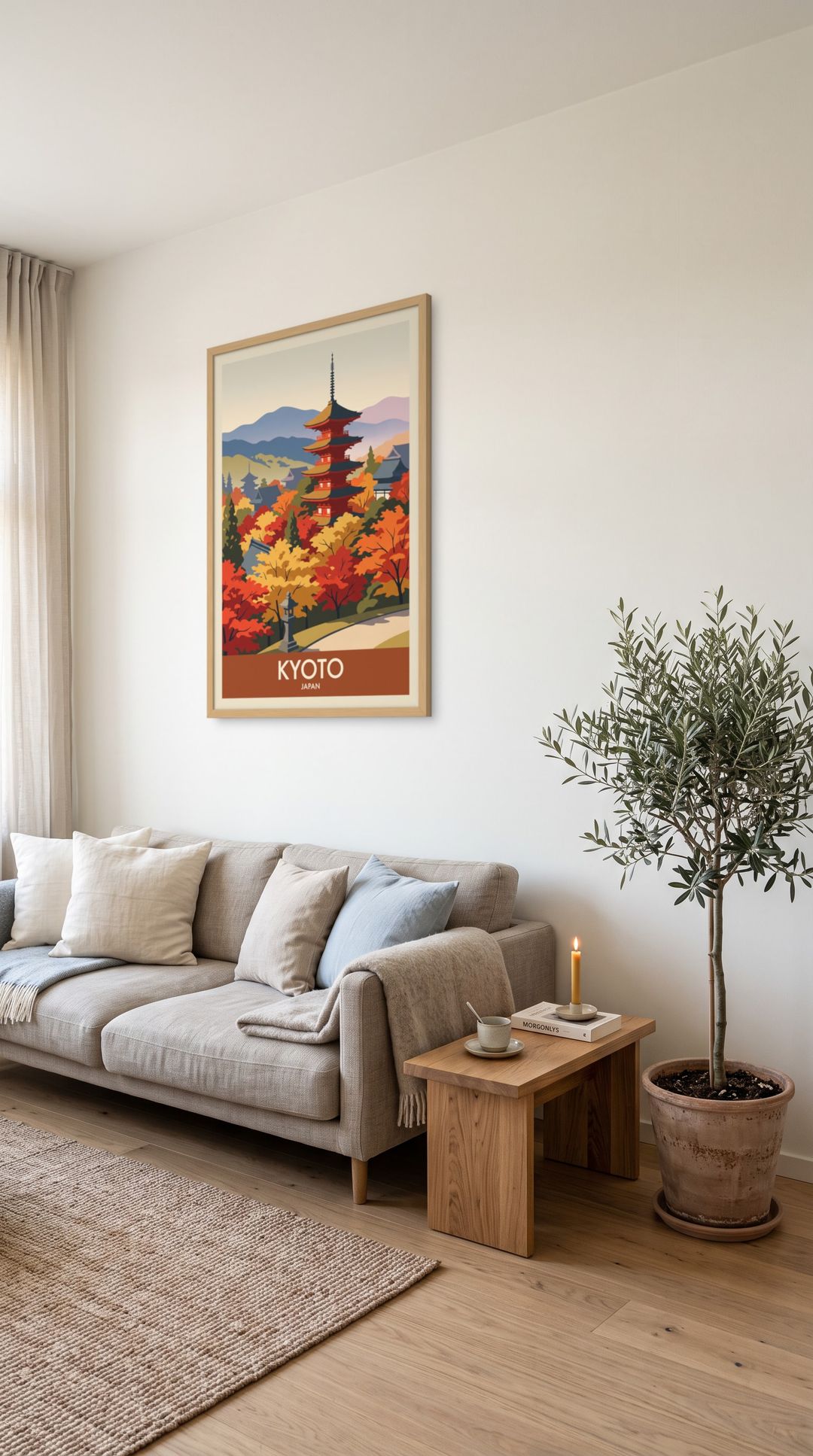 Kyoto, framed in natural wood, in a minimalist scandinavian living room