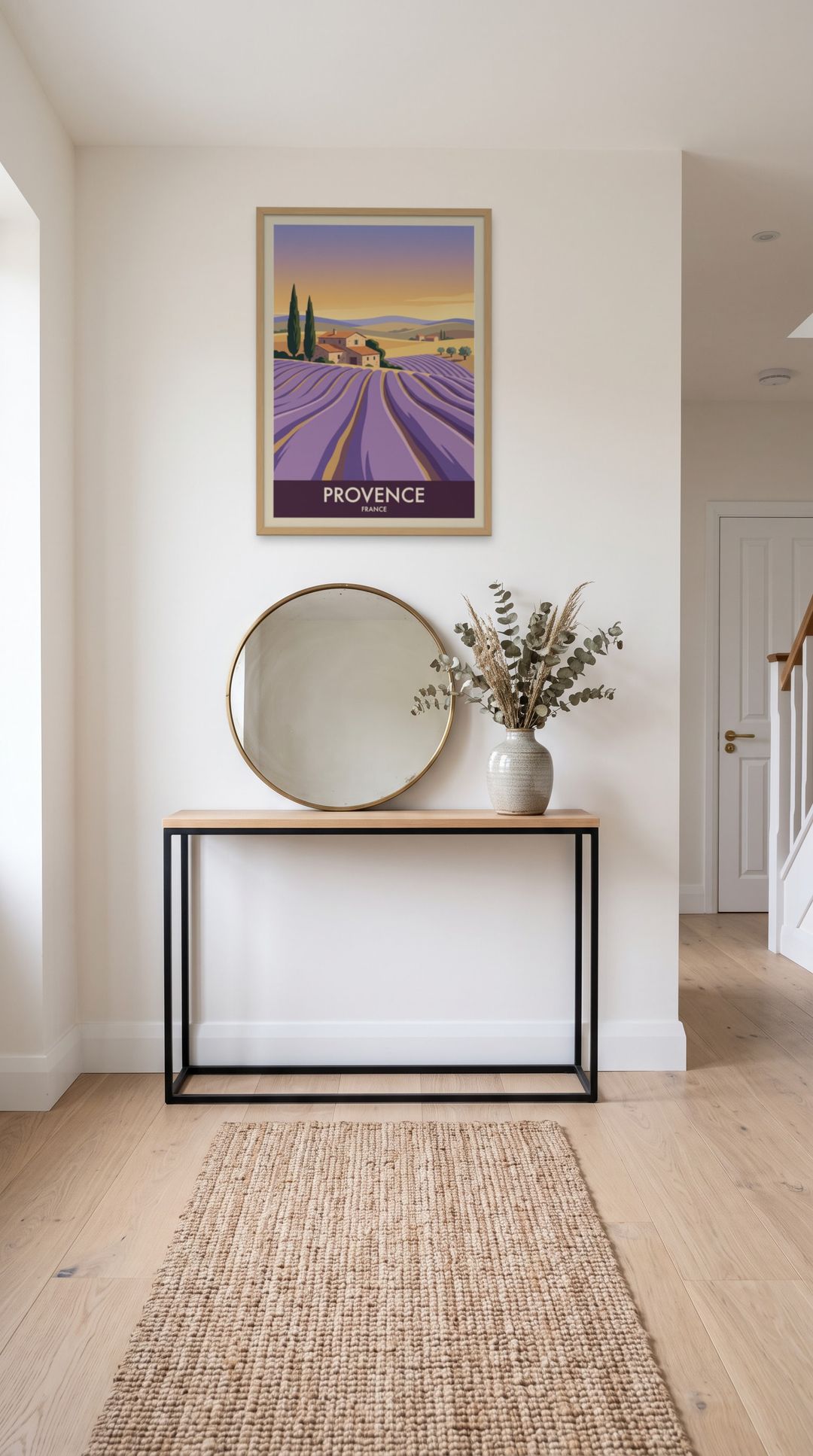 Provence, framed in natural wood, in a minimalist entryway with wooden console