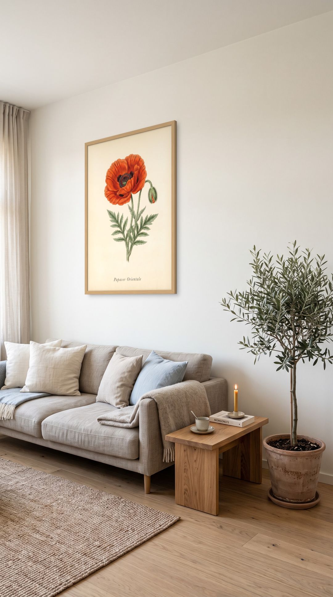 Oriental Poppy, framed in natural wood, in a minimalist scandinavian living room