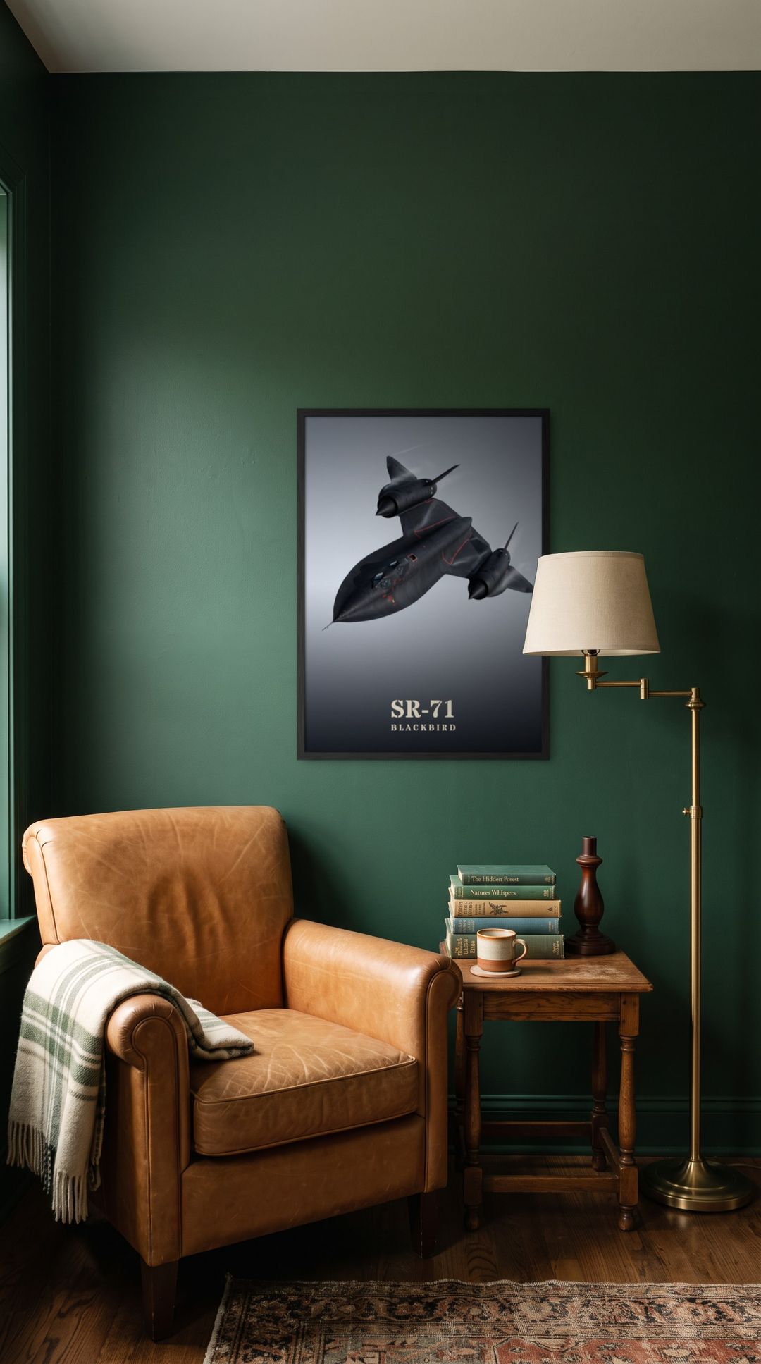 SR-71 Blackbird, framed in black, in a cozy dark green reading corner