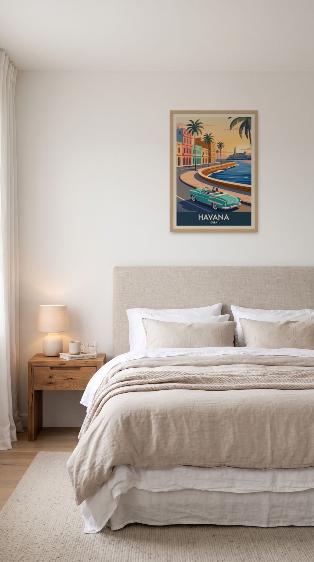 Havana, framed in natural wood, in a serene minimalist bedroom