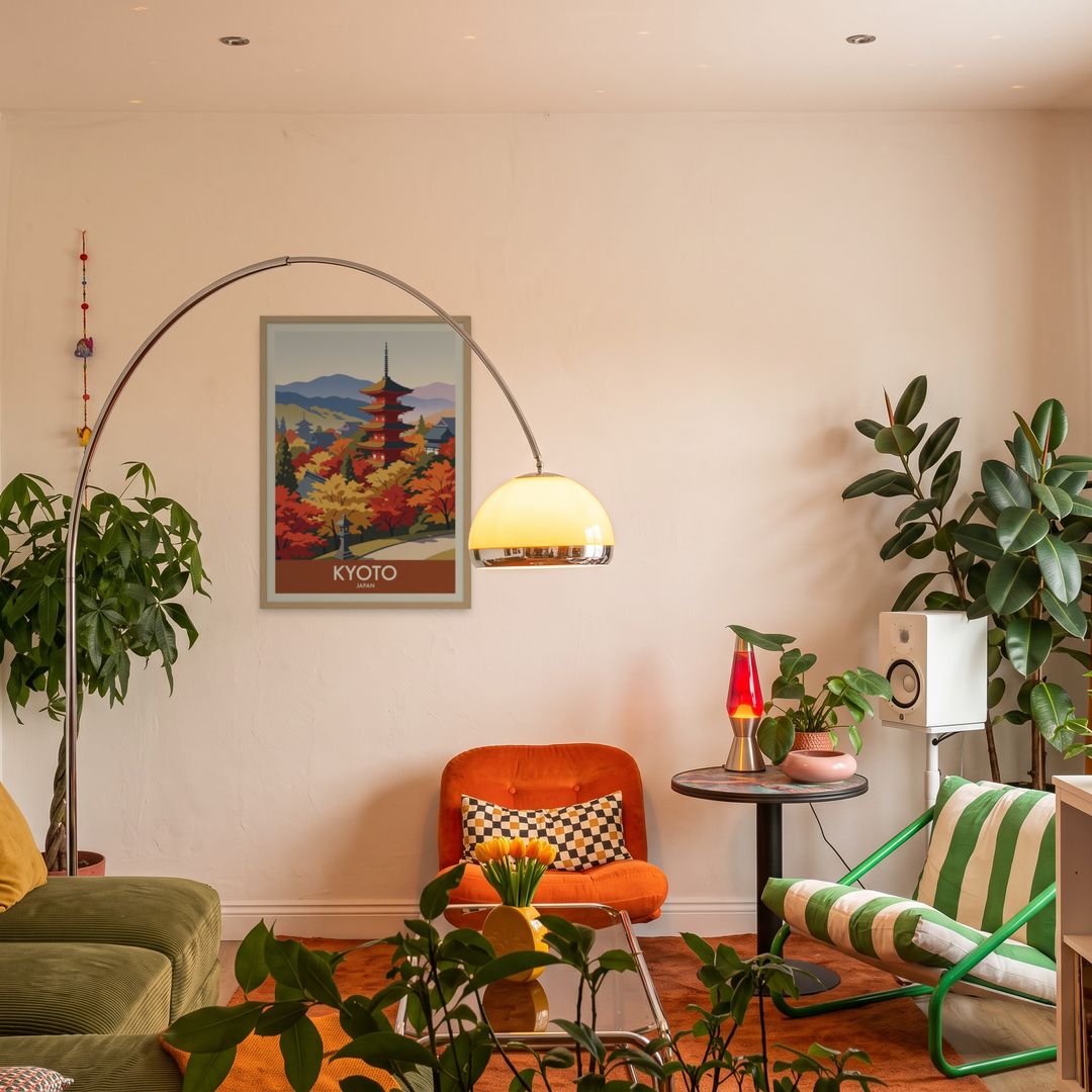 Kyoto, framed in natural wood, in an eclectic mid-century living room