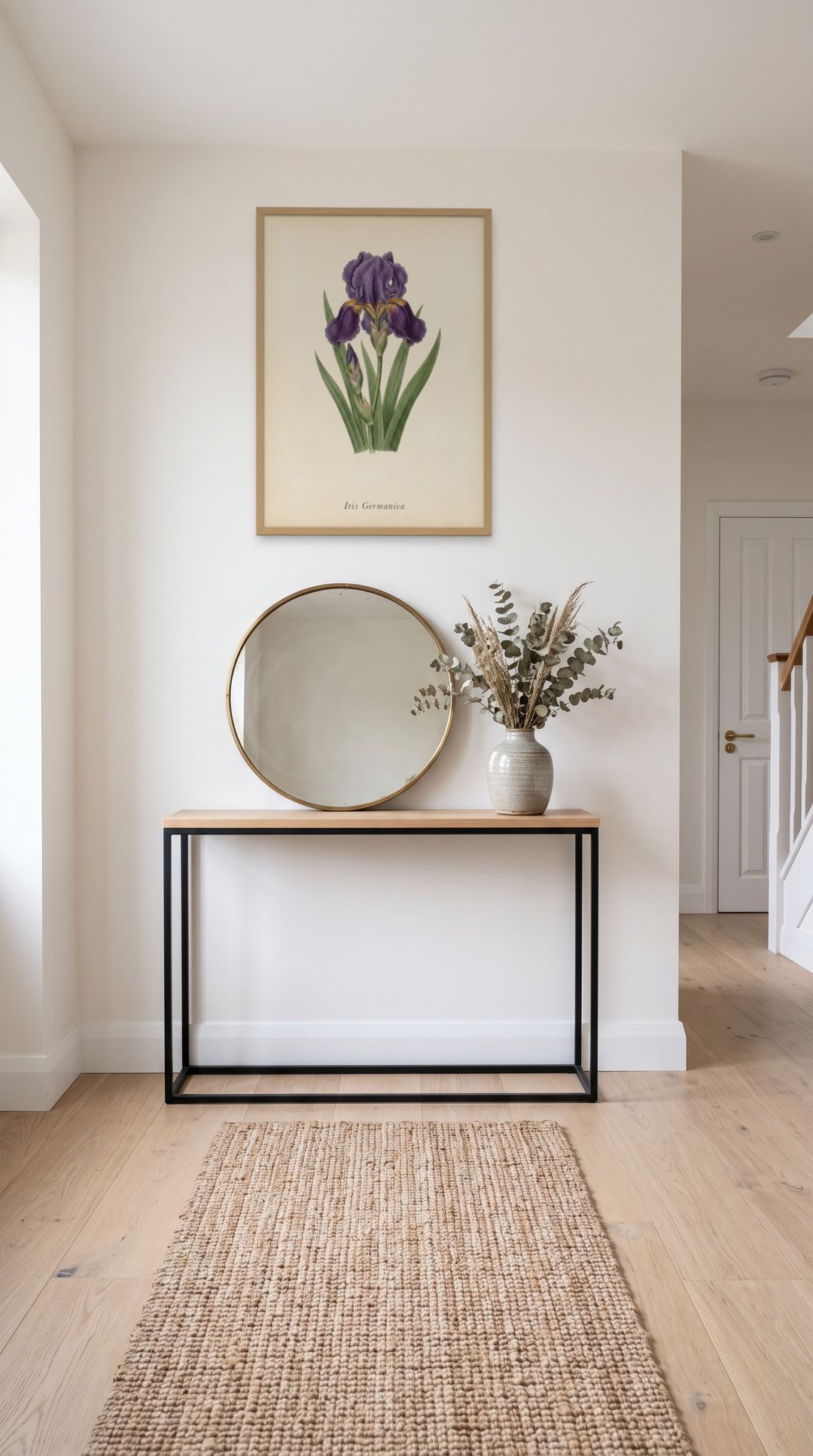 Bearded Iris, framed in natural wood, in a minimalist entryway with wooden console