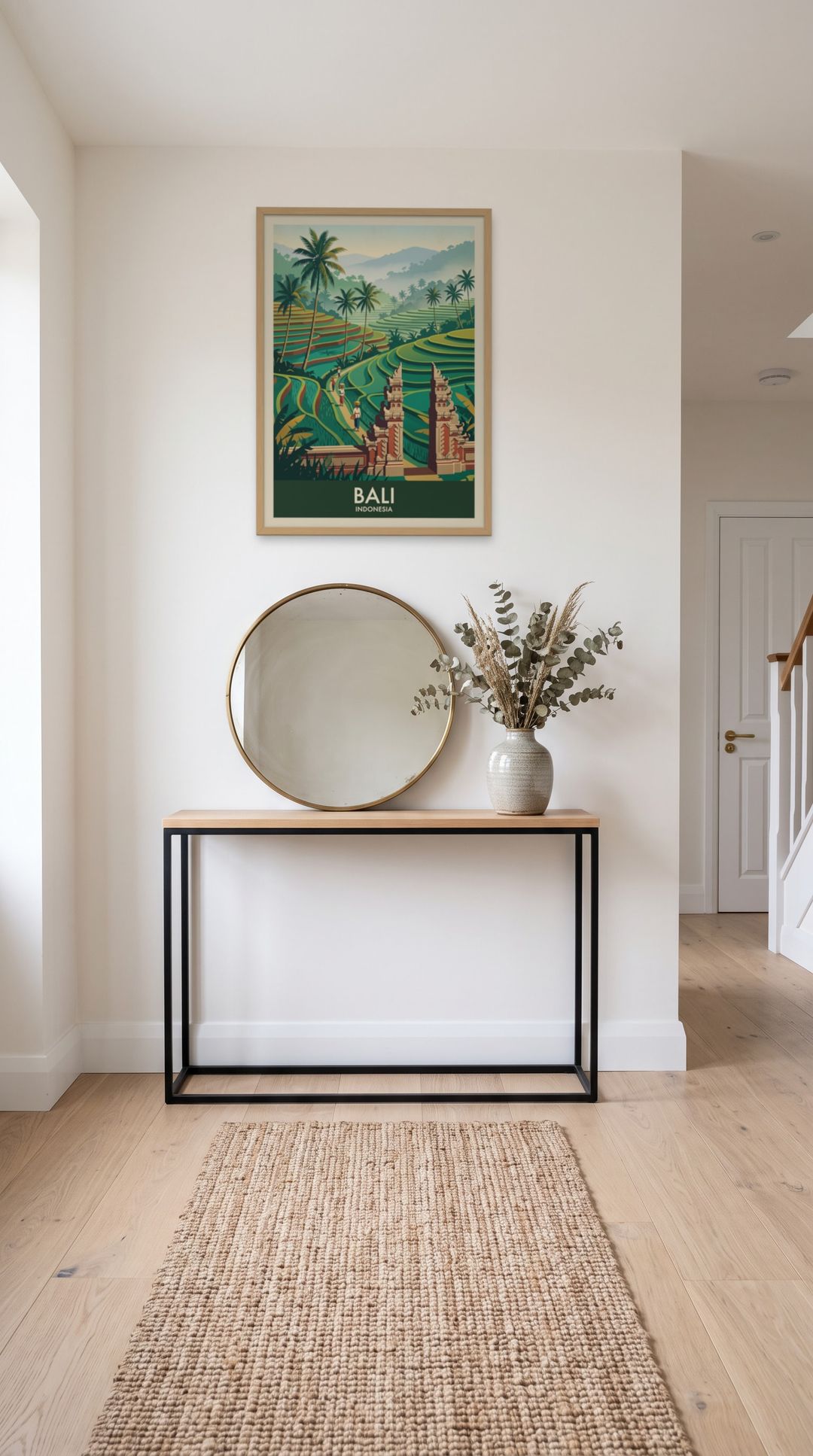 Bali, framed in natural wood, in a minimalist entryway with wooden console