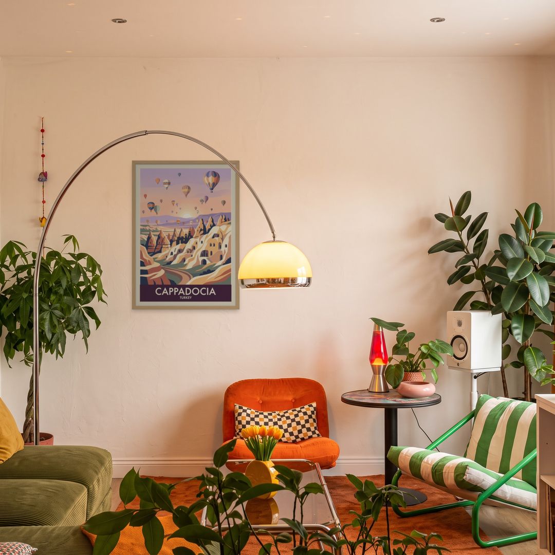 Cappadocia, framed in natural wood, in an eclectic mid-century living room