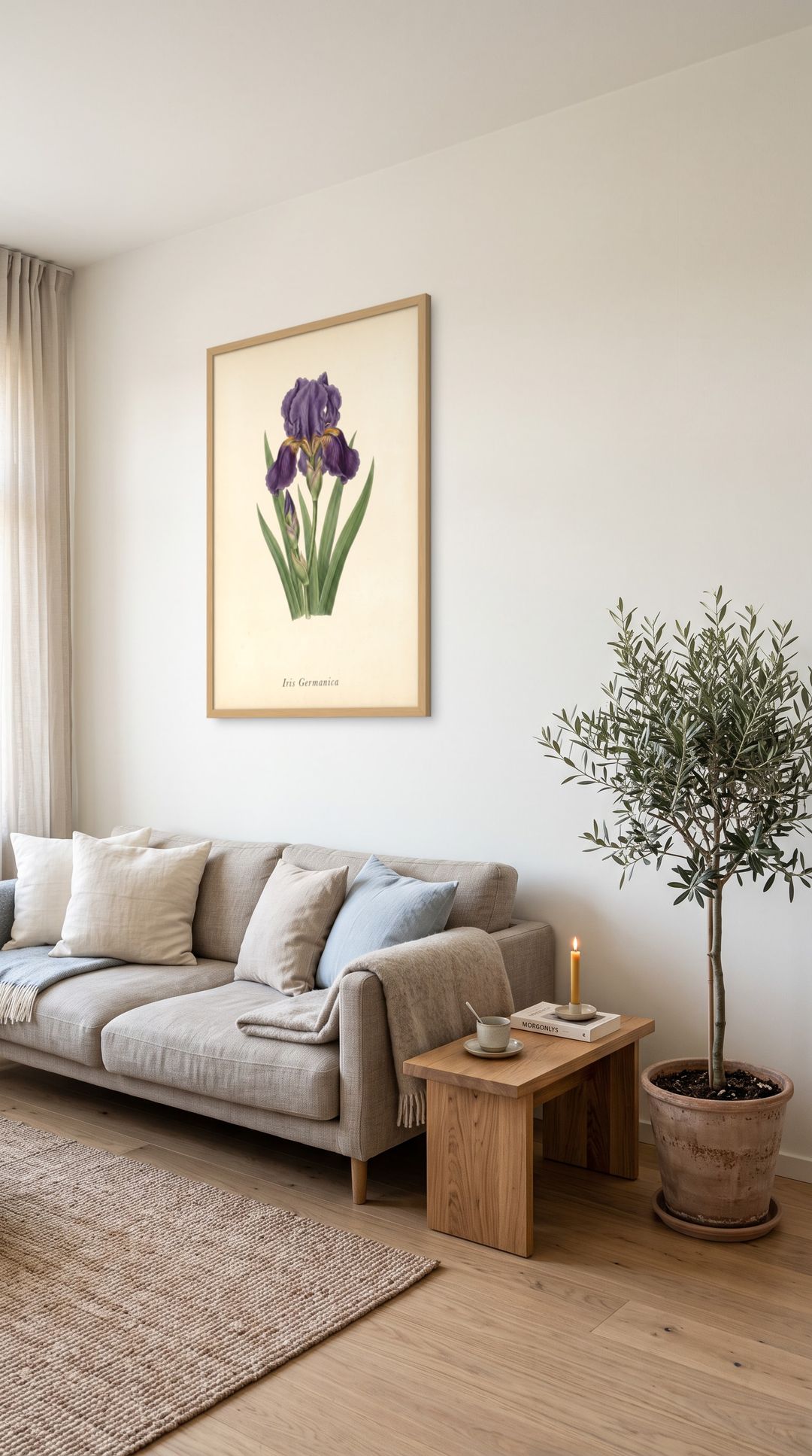 Bearded Iris, framed in natural wood, in a minimalist scandinavian living room