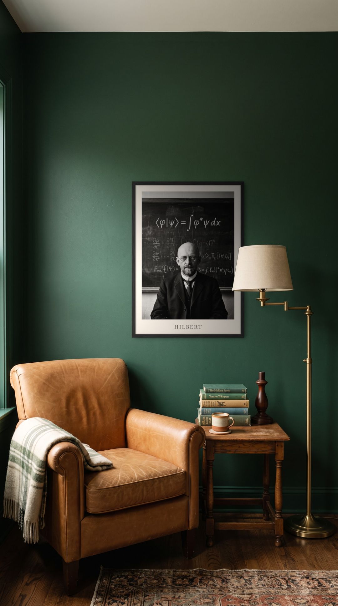 David Hilbert, framed in black, in a cozy dark green reading corner