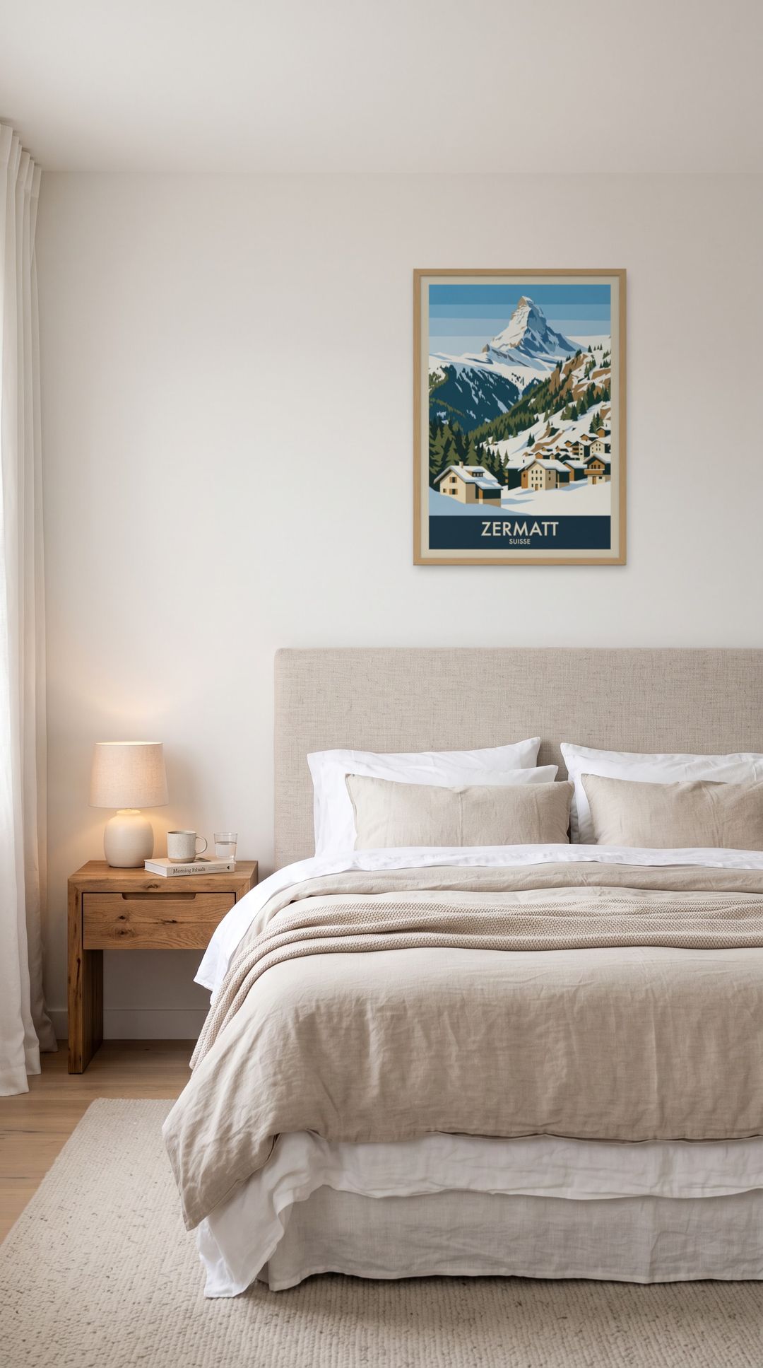 Zermatt, framed in natural wood, in a serene minimalist bedroom