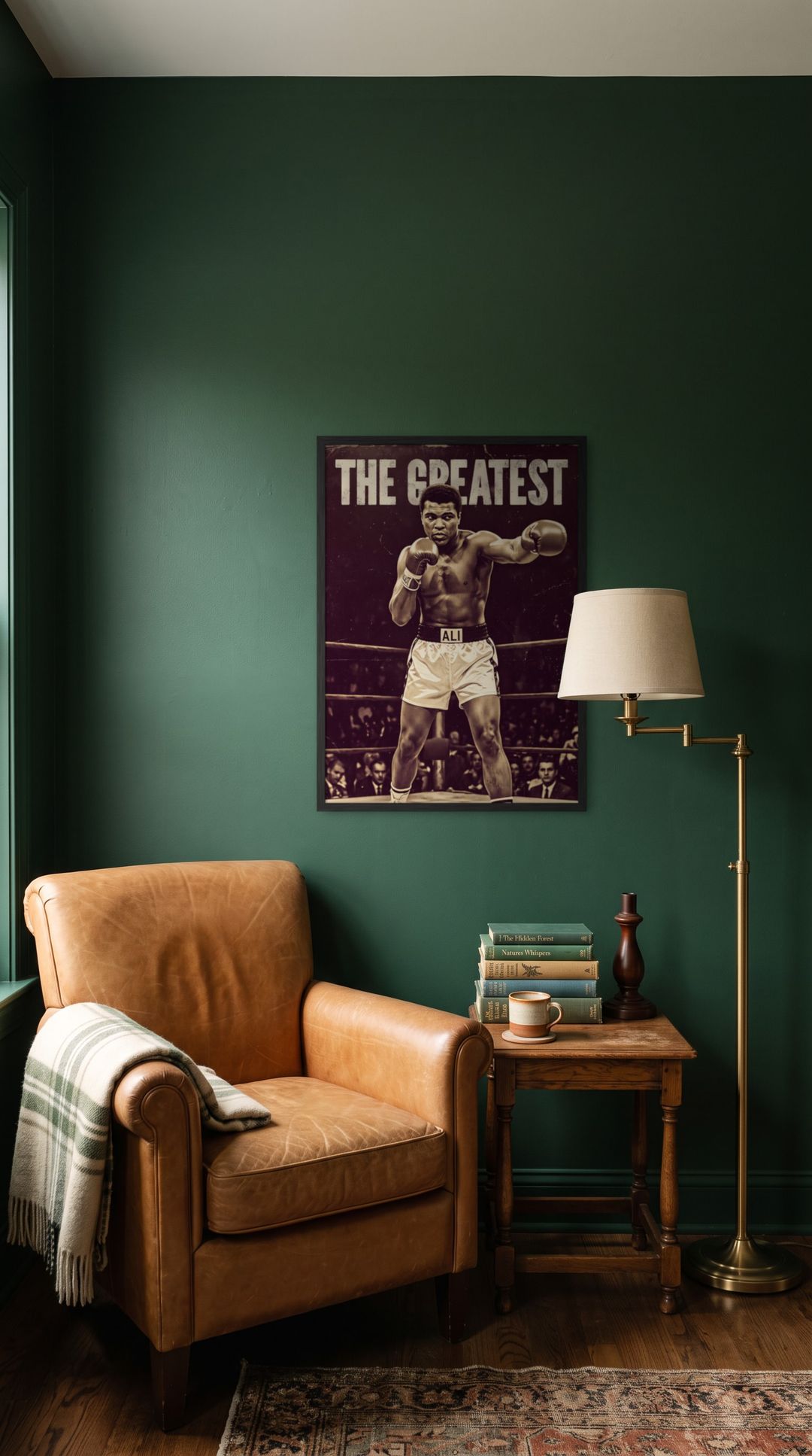 The Greatest, framed in black, in a cozy dark green reading corner