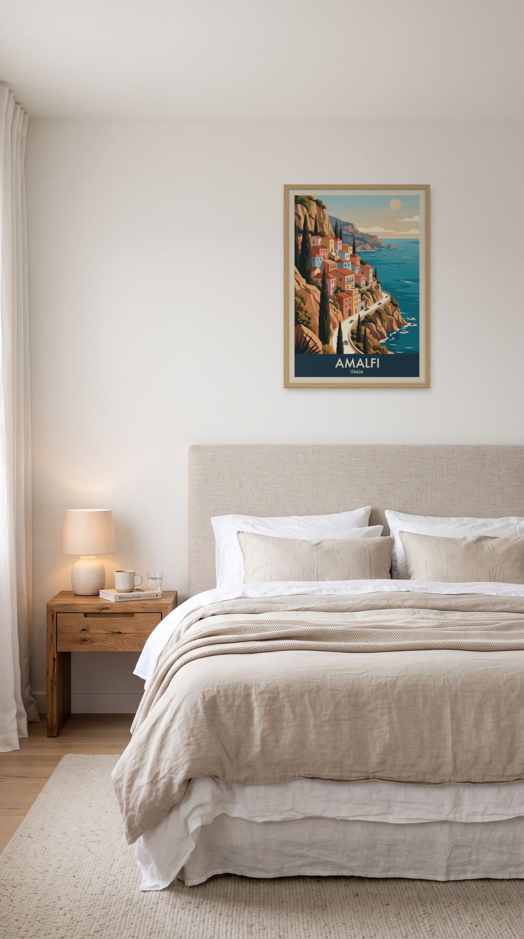 Amalfi, framed in natural wood, in a serene minimalist bedroom