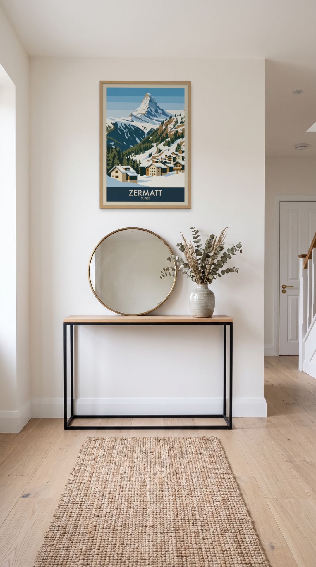 Zermatt, framed in natural wood, in a minimalist entryway with wooden console