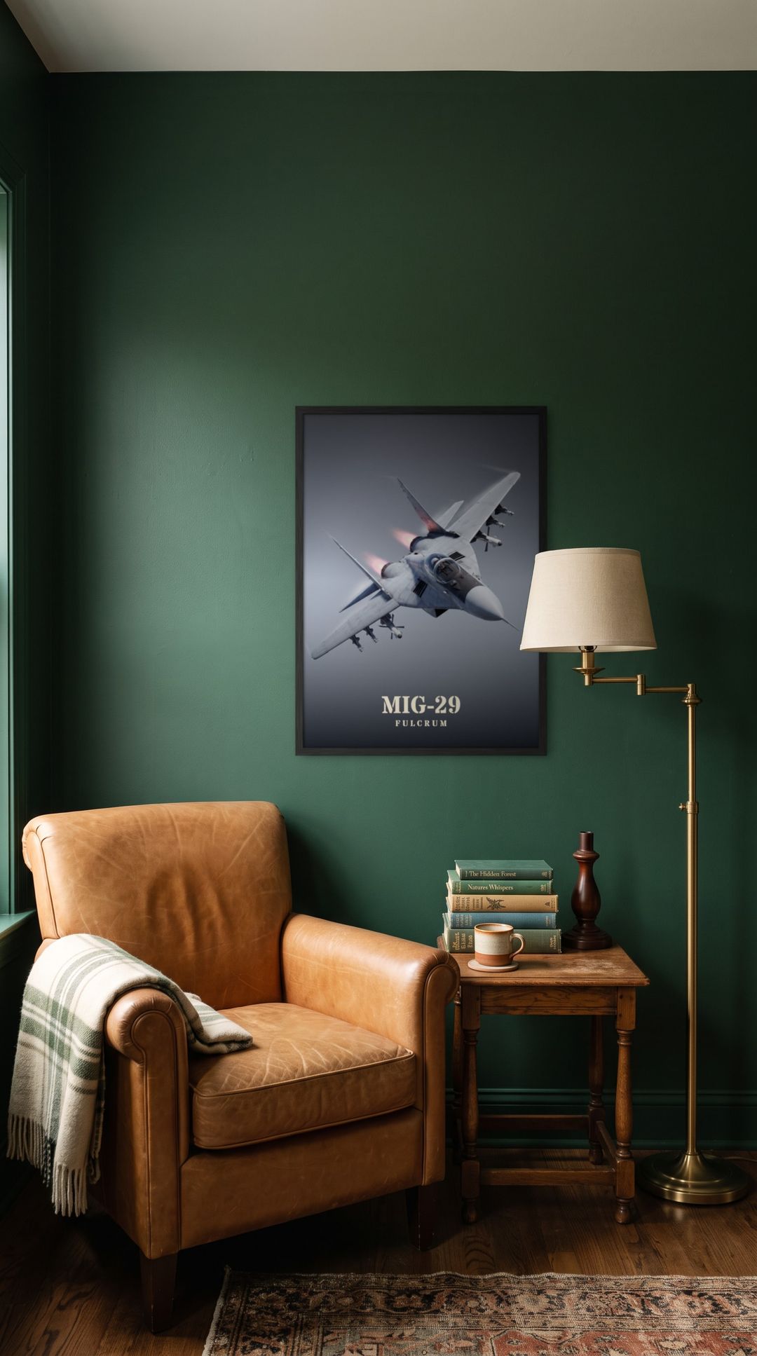 MiG-29 Fulcrum, framed in black, in a cozy dark green reading corner