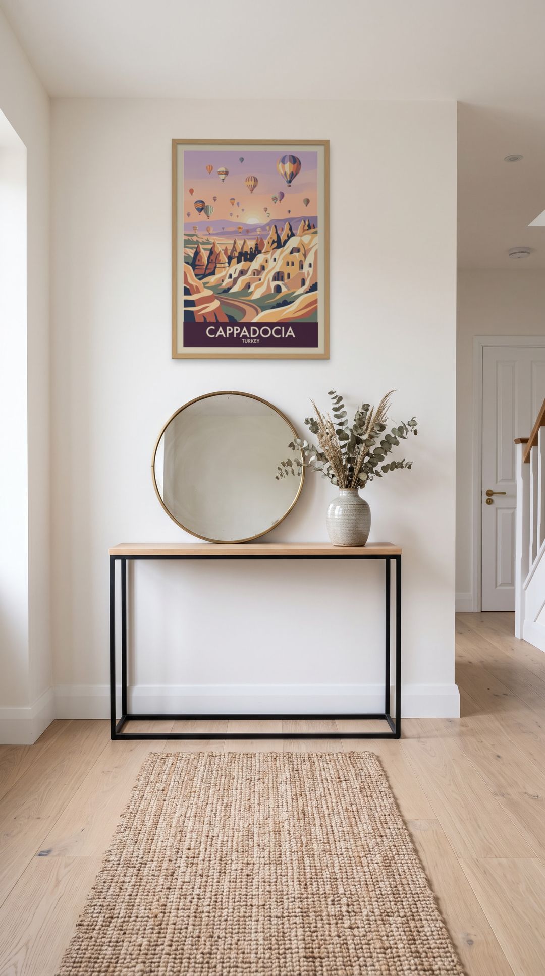 Cappadocia, framed in natural wood, in a minimalist entryway with wooden console