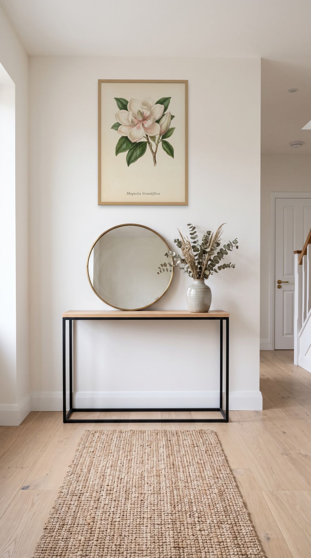 Southern Magnolia, framed in natural wood, in a minimalist entryway with wooden console
