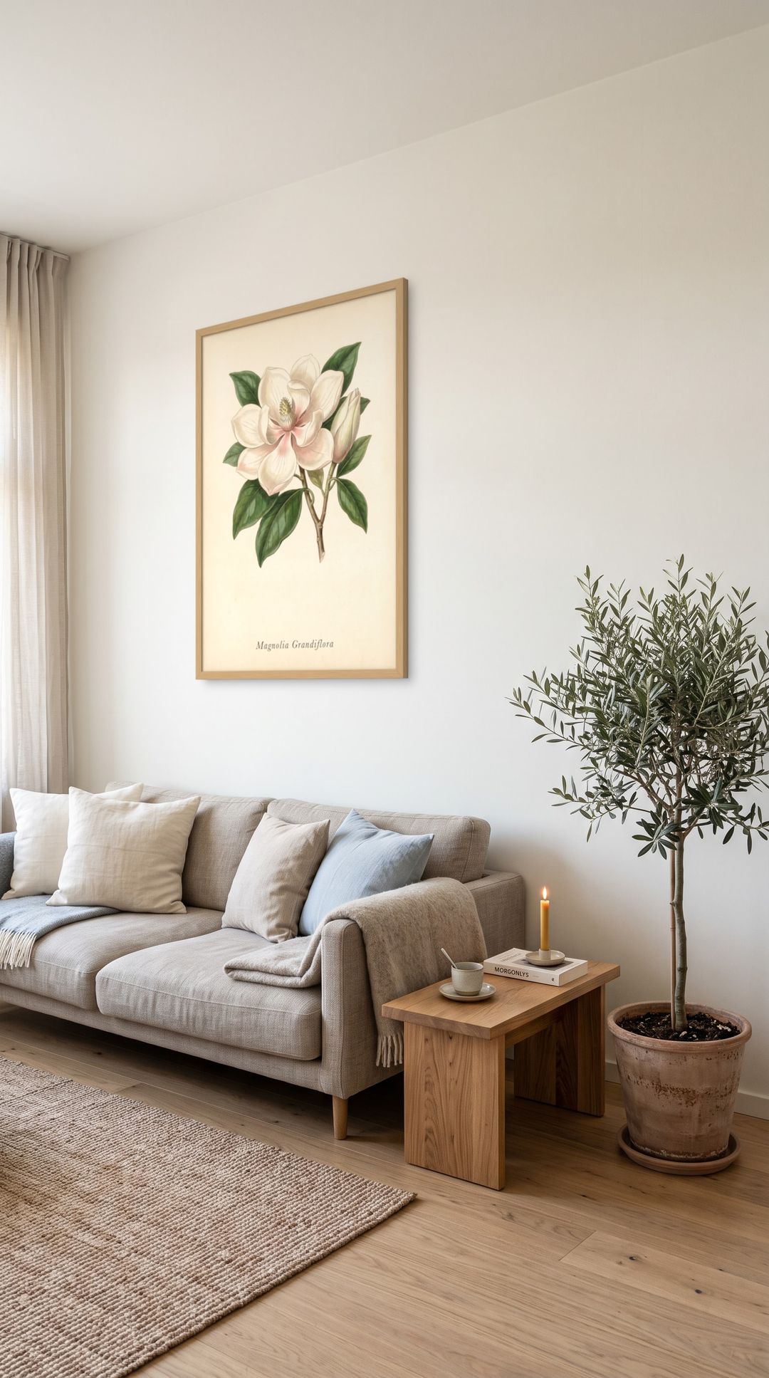 Southern Magnolia, framed in natural wood, in a minimalist scandinavian living room