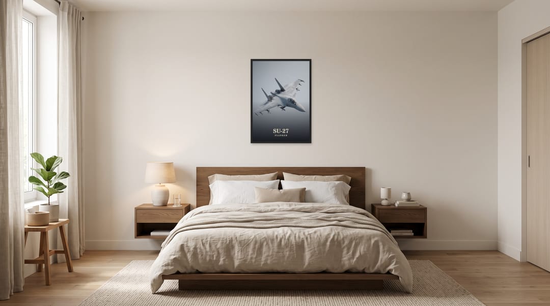 Su-27 Flanker, framed in black, in a minimalist warm bedroom