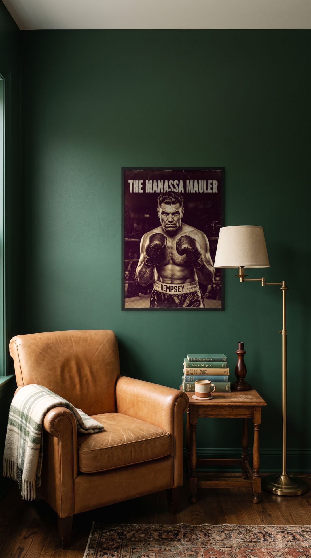 The Manassa Mauler, framed in black, in a cozy dark green reading corner