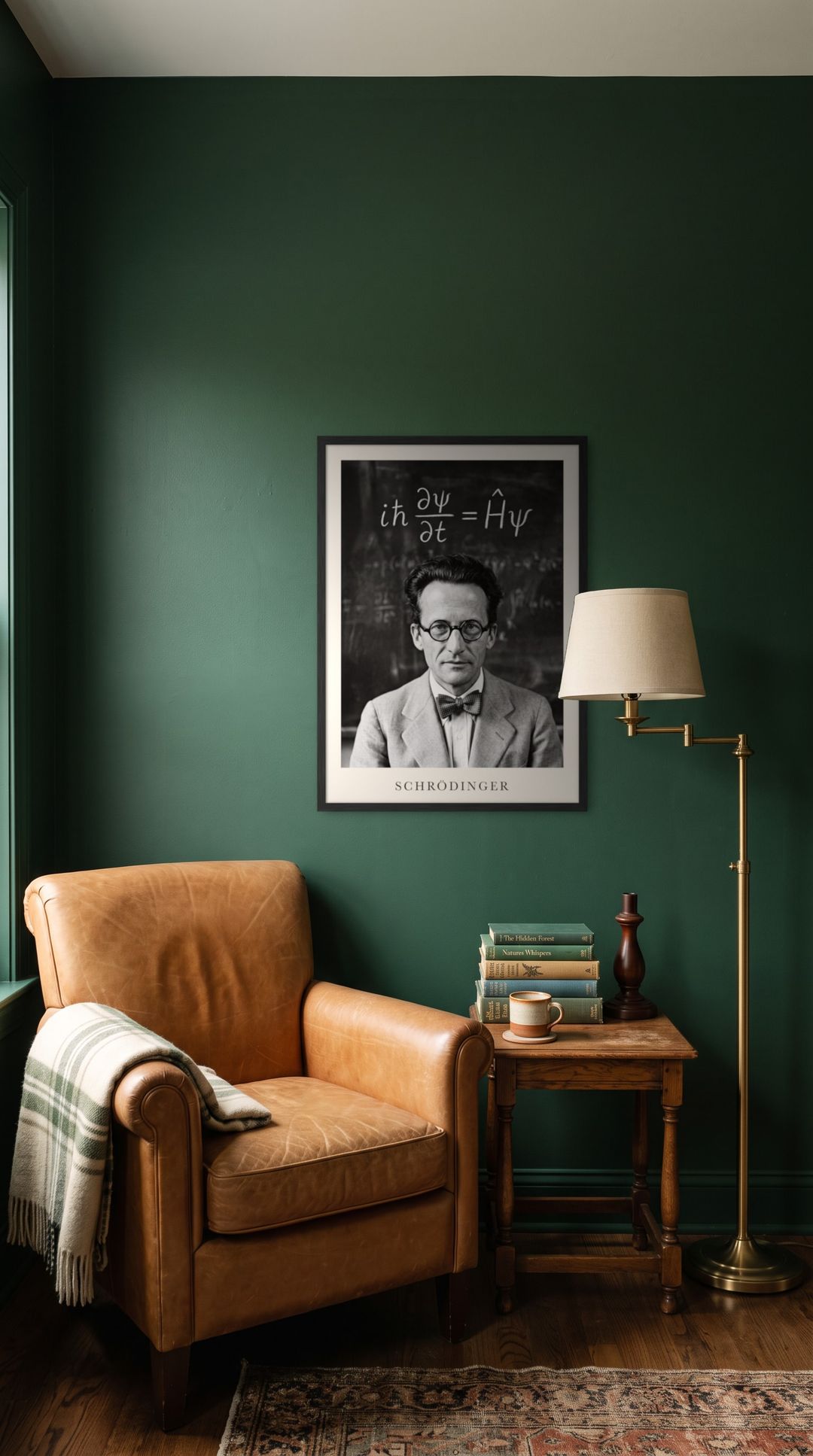 Erwin Schrödinger, framed in black, in a cozy dark green reading corner