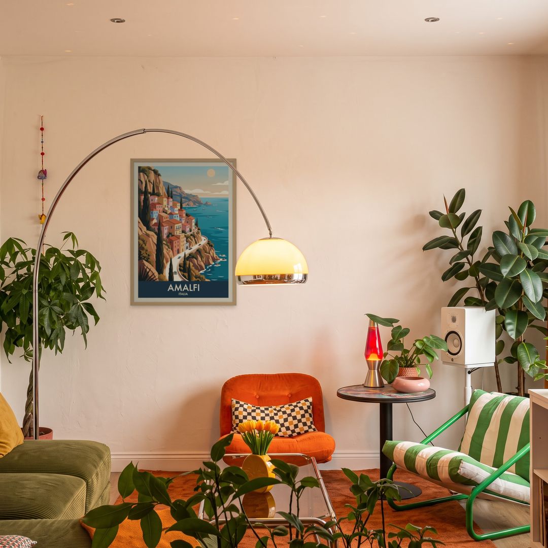 Amalfi, framed in natural wood, in an eclectic mid-century living room