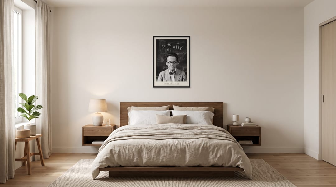Erwin Schrödinger, framed in black, in a minimalist warm bedroom