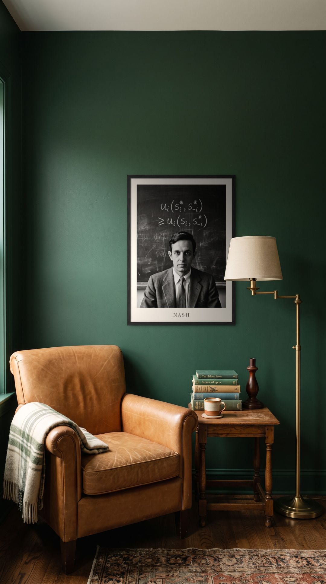 John Nash, framed in black, in a cozy dark green reading corner