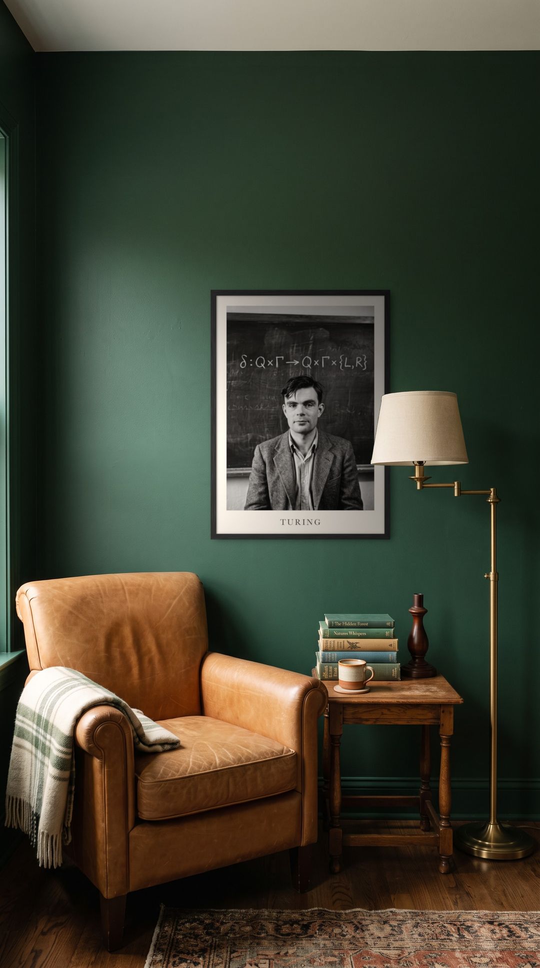Alan Turing, framed in black, in a cozy dark green reading corner