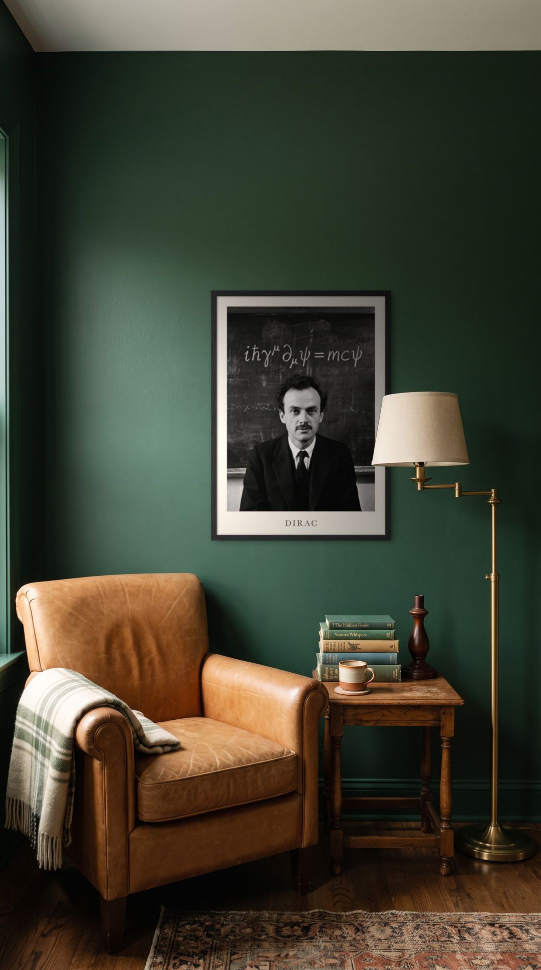 Paul Dirac, framed in black, in a cozy dark green reading corner