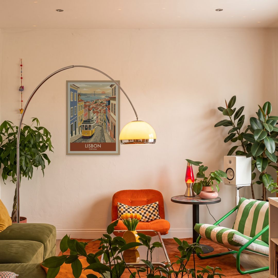 Lisbon, framed in natural wood, in an eclectic mid-century living room