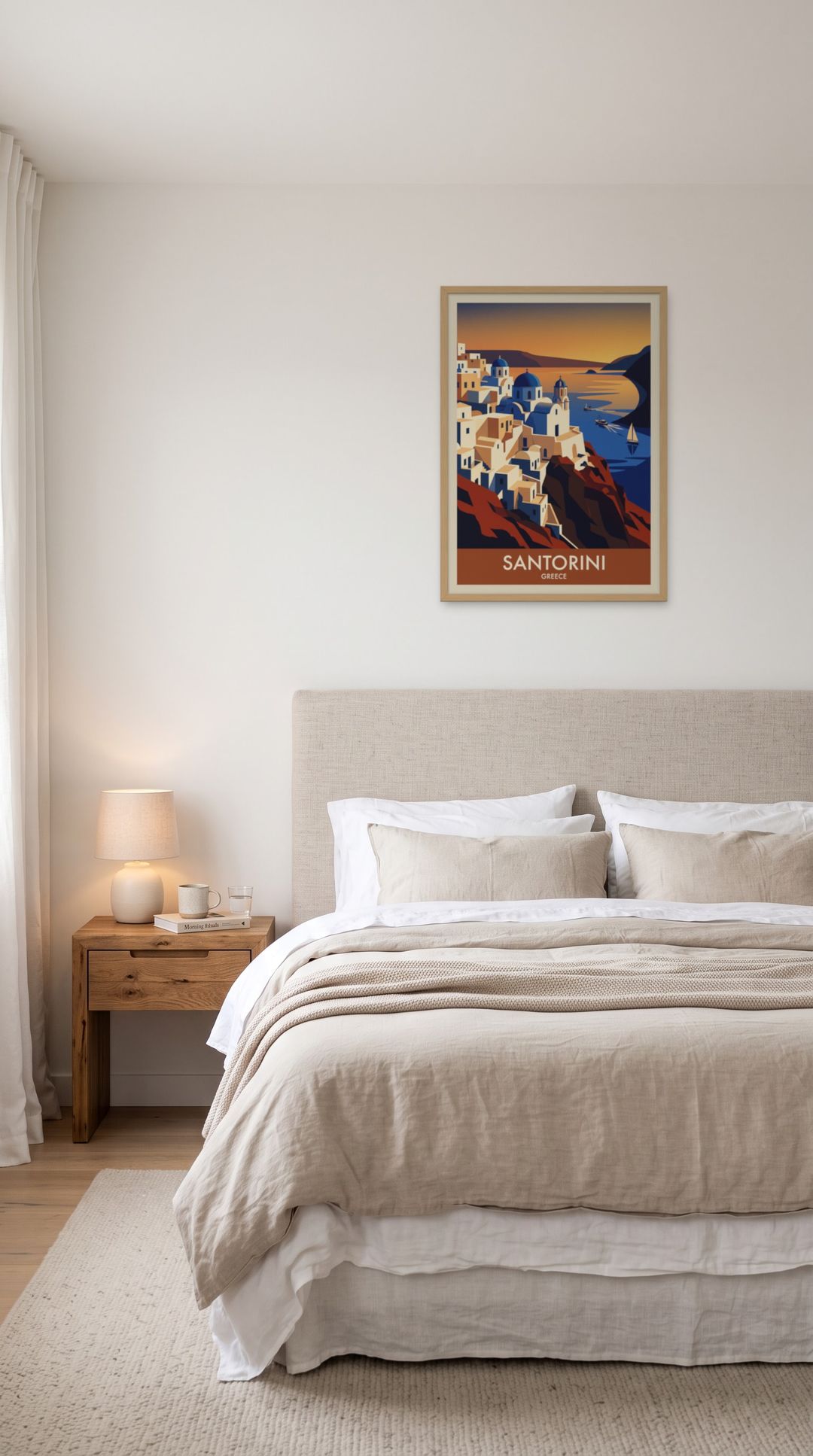 Santorini, framed in natural wood, in a serene minimalist bedroom