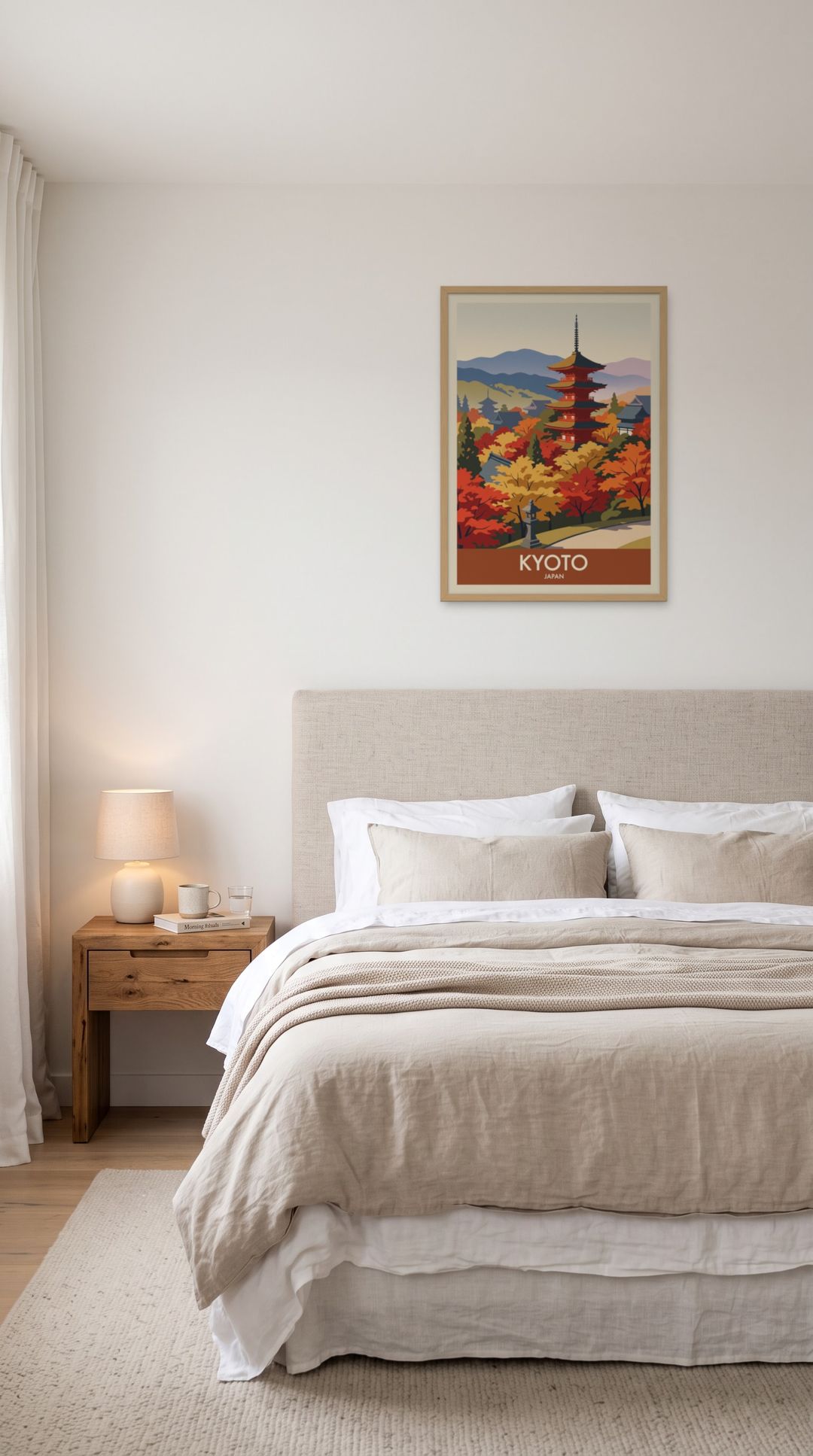 Kyoto, framed in natural wood, in a serene minimalist bedroom